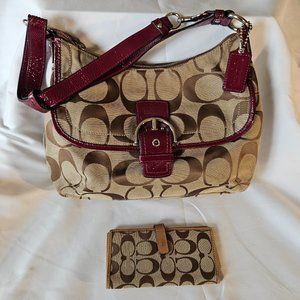 Coach Soho Shoulder Bag in tan with red accents with wallet Excellent shape!